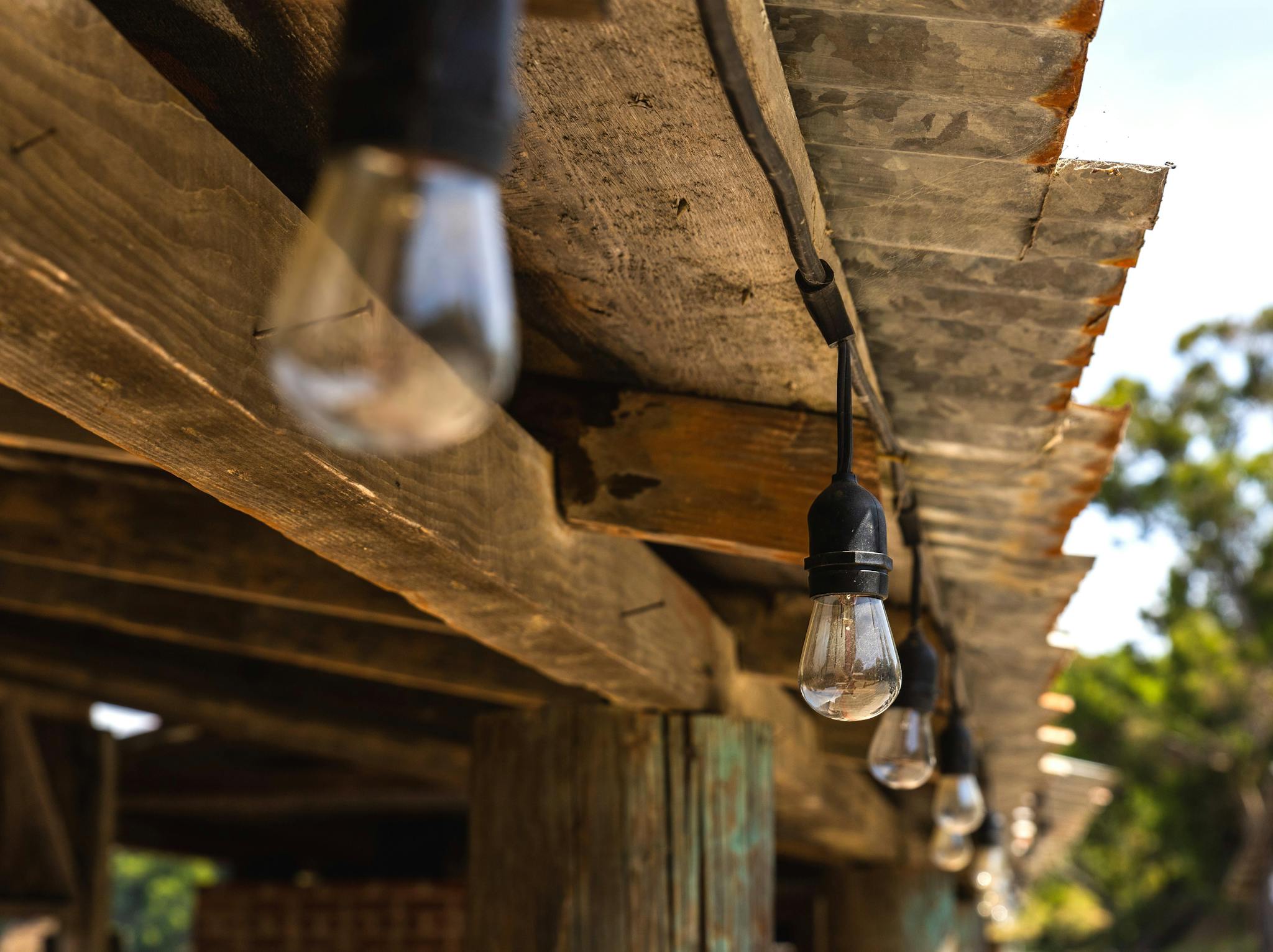 Close-up of hanging light bulbs on a rustic wooden roof in a rural setting.
